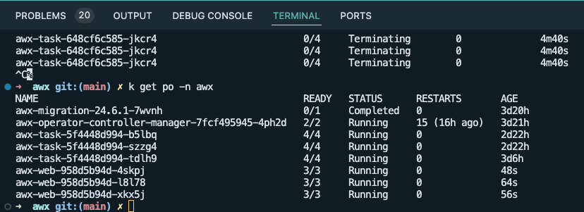 Screenshot showing the AWX pods created by the awx-operator.