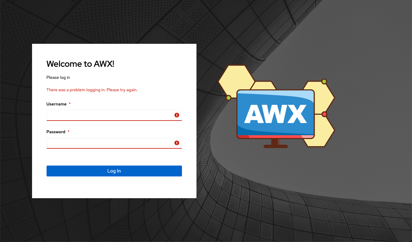 Screenshot showing a generic error message when logging into AWX.