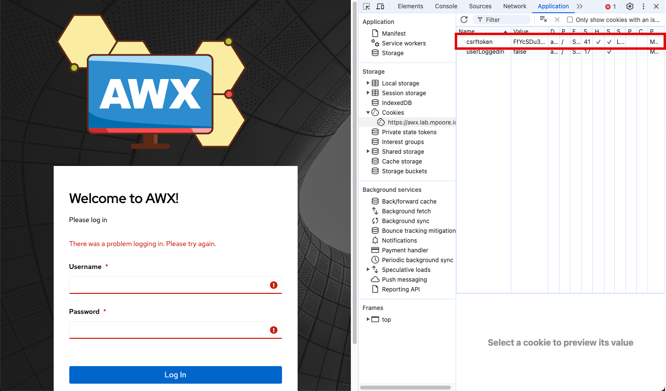 Screenshot showing the browser Developer Tools open with the CSRF cookie and token highlighted.