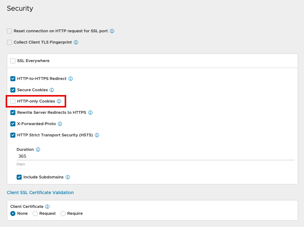 Screenshot showing the Avi Application Profile security settings that work.