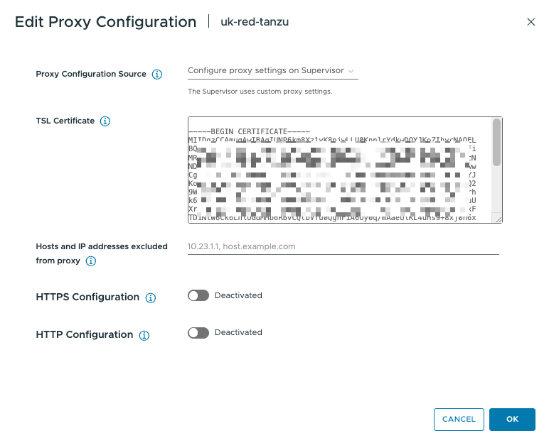 Screenshot of the proxy configuration for the vSphere Supervisor in vCenter