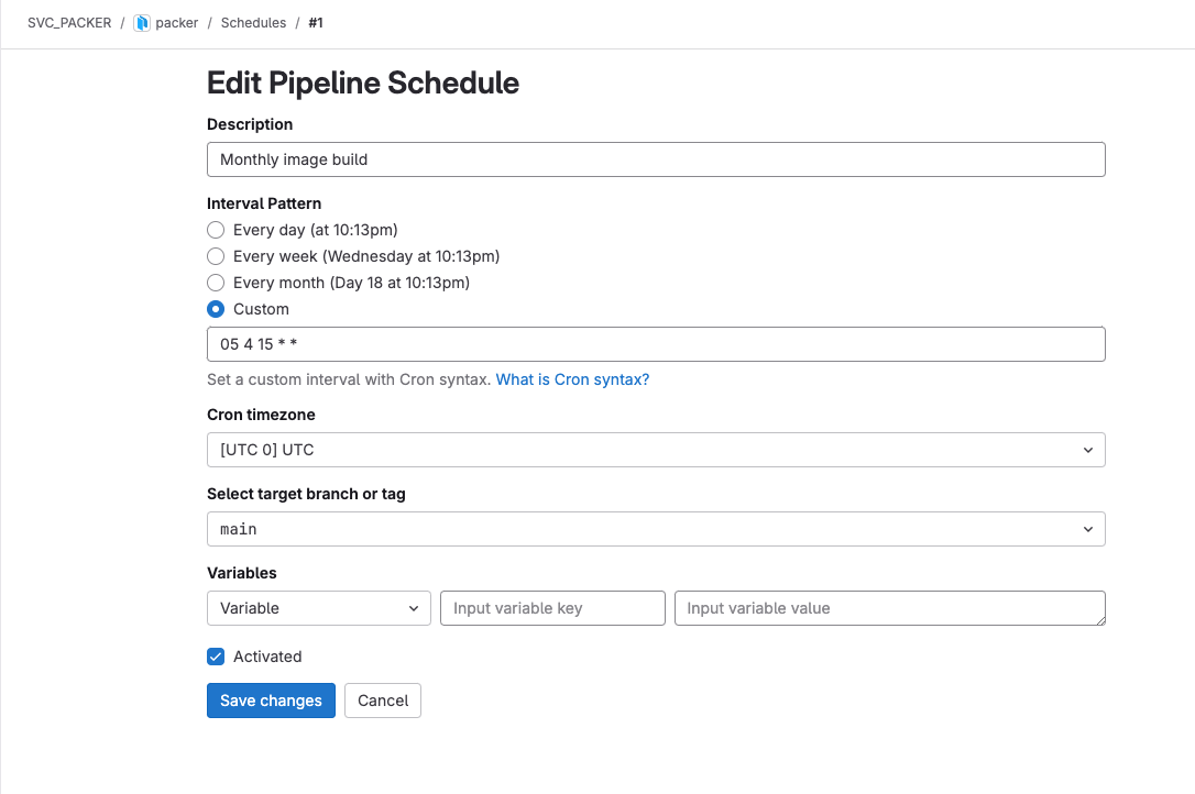 Screenshot of pipeline schedule configuration in GitLab