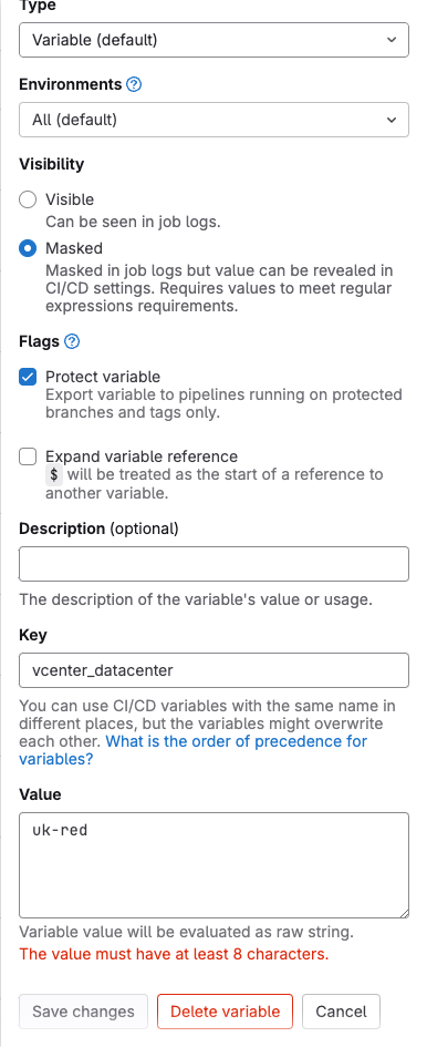 Screenshot of the vcenter_datacenter CI/CD variable in GitLab