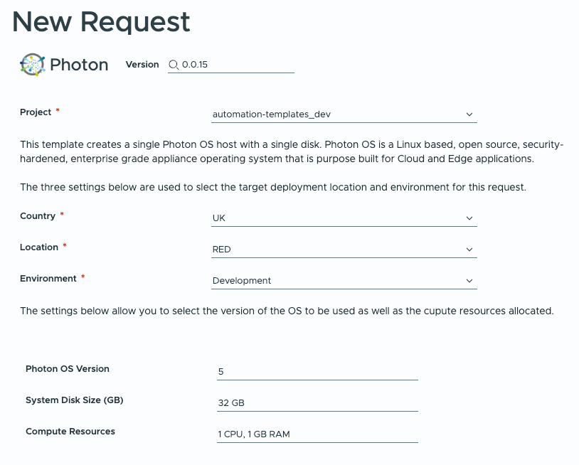 Screenshot of a VCF Automation catalog item with country, location, and environment fields