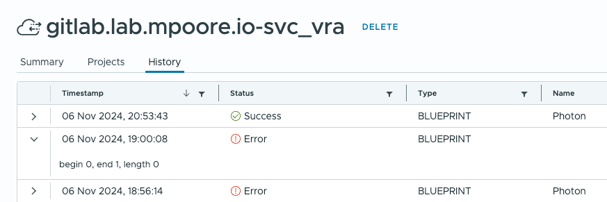 Screenshot of a VCF Automation template import error from GitLab