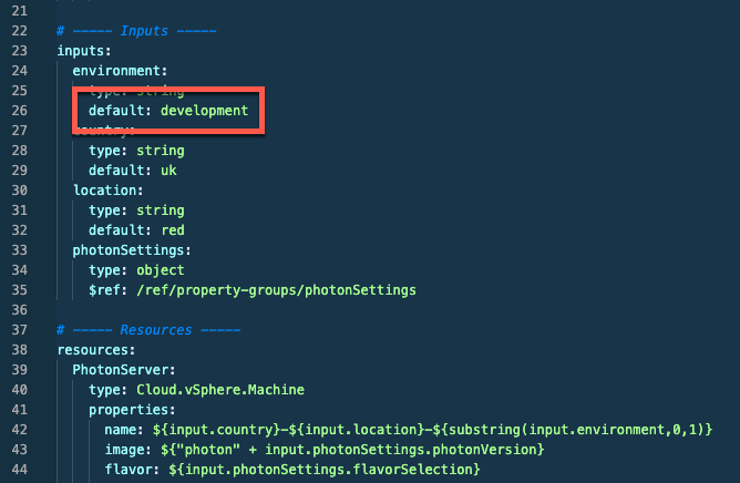 Screenshot of a VCF Automation template code with default values added for the input fields