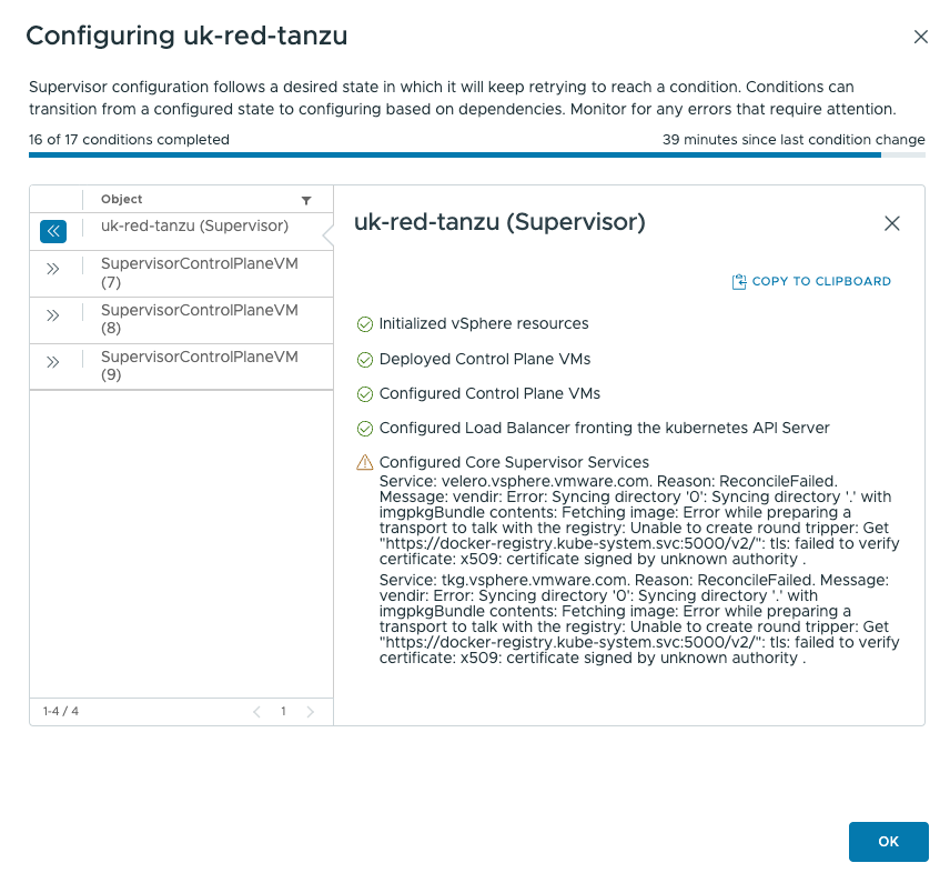 Screenshot of the vSphere IaaS Supervisor cluster configuration update in progress