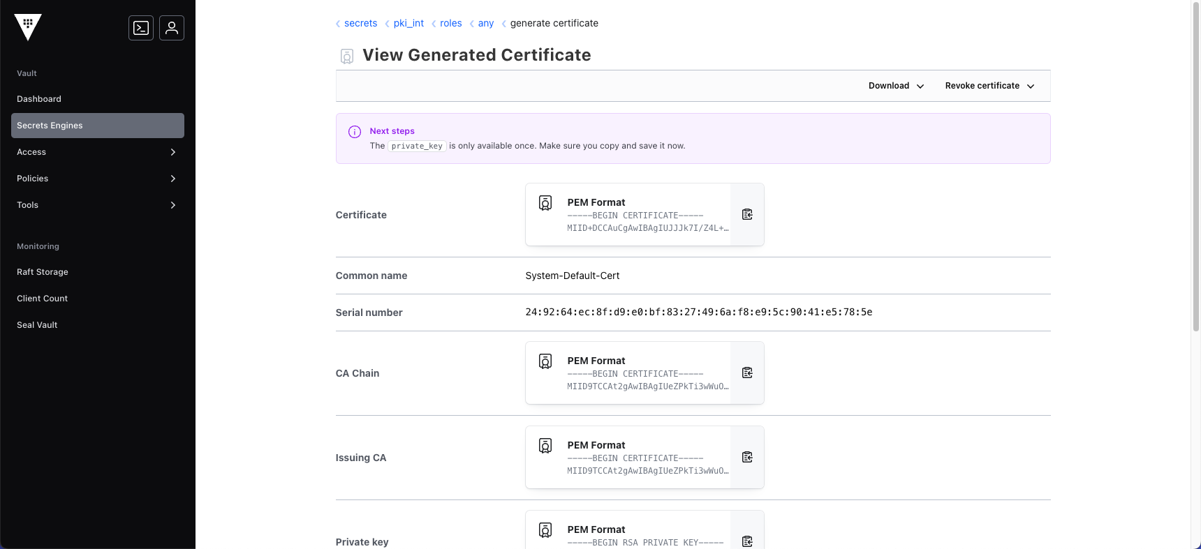 Screenshot showing the generation of a new certificate using Vault.