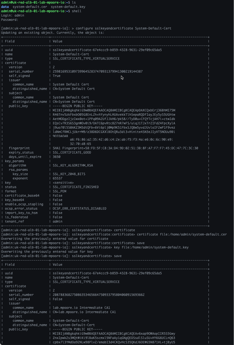 Screenshot showing the application of the certificate via the CLI in SSH.