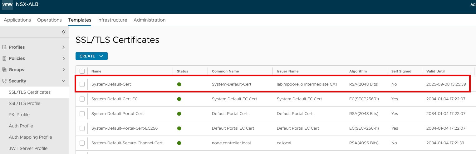 Screenshot showing the modified System-Default-Cert visible in the AVI UI.