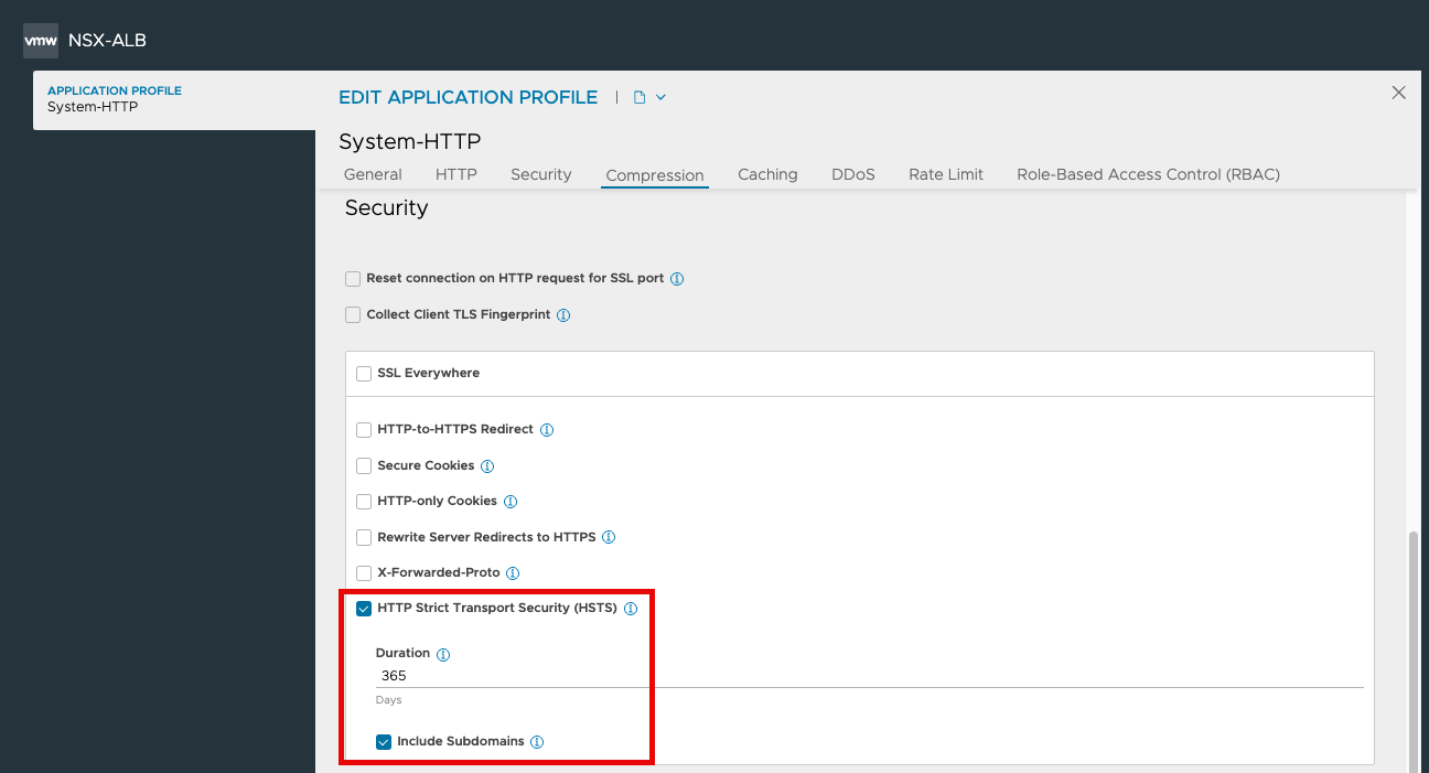 Screenshot showing HSTS is enabled in the System-HTTP Application Profile in the AVI UI.