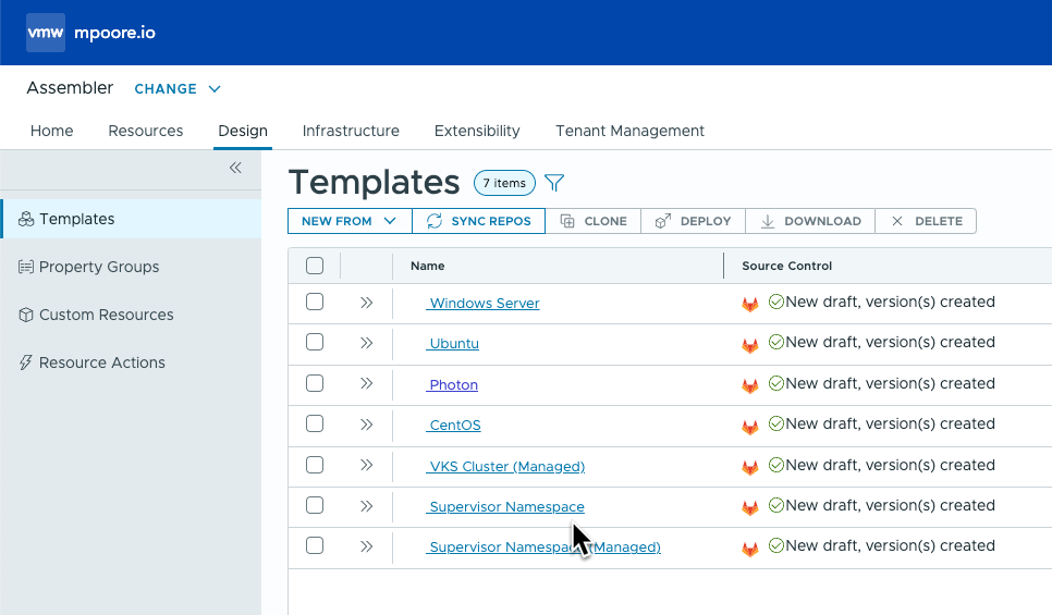 Screenshot showing VCF Automation templates added from GitLab source control.