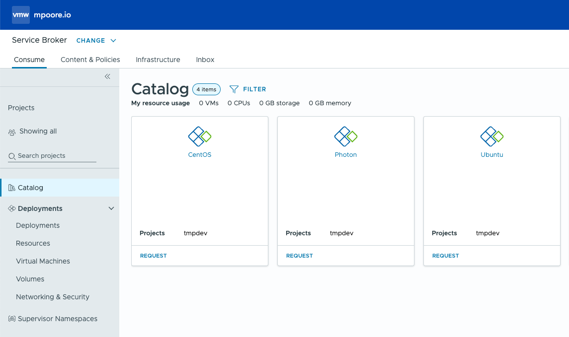 Screenshot showing VCF Automation templates released to the Service Broker catalog.