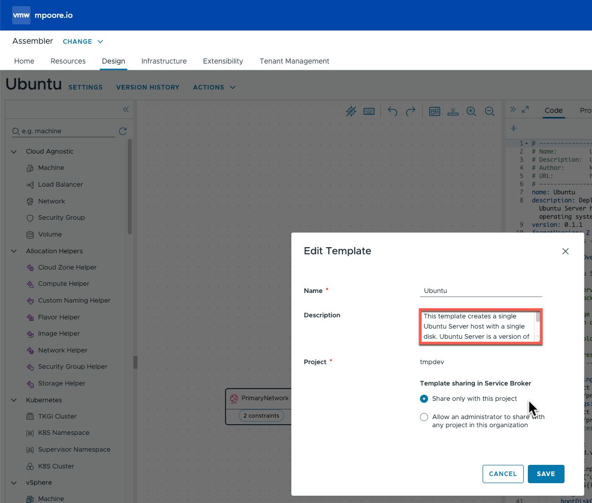 Screenshot showing a VCF Automation template being edited to add a description.