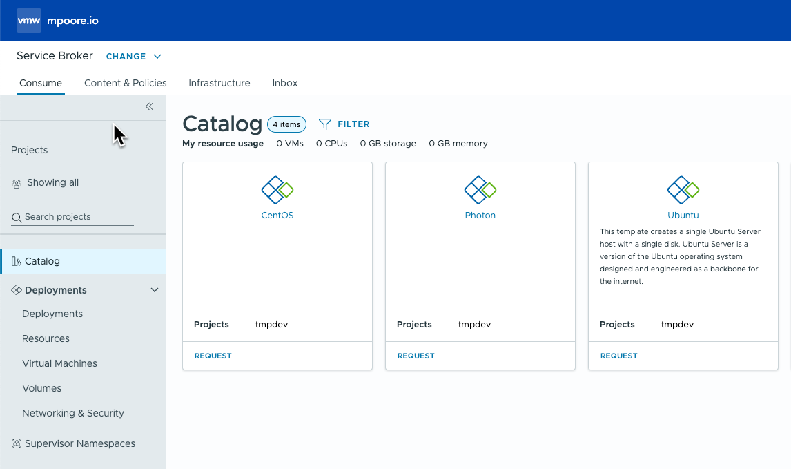 Screenshot showing VCF Automation templates released to the Service Broker catalog.