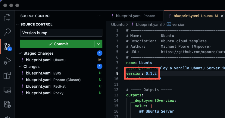 Screenshot showing the YAML of a VCF Automation template with an update to the version number.