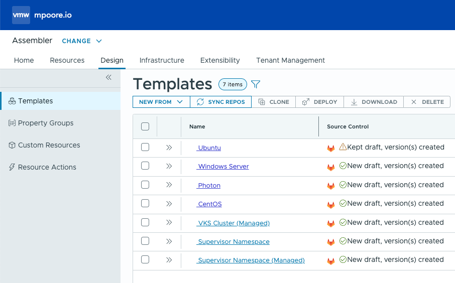 Screenshot showing VCF Automation templates added / updated from GitLab source control.