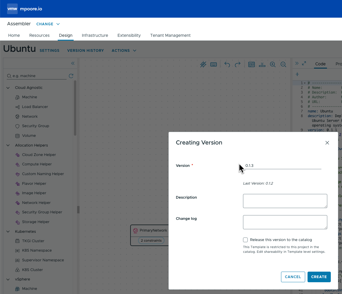 Screenshot showing the creation of a new template version in the Assembler UI.