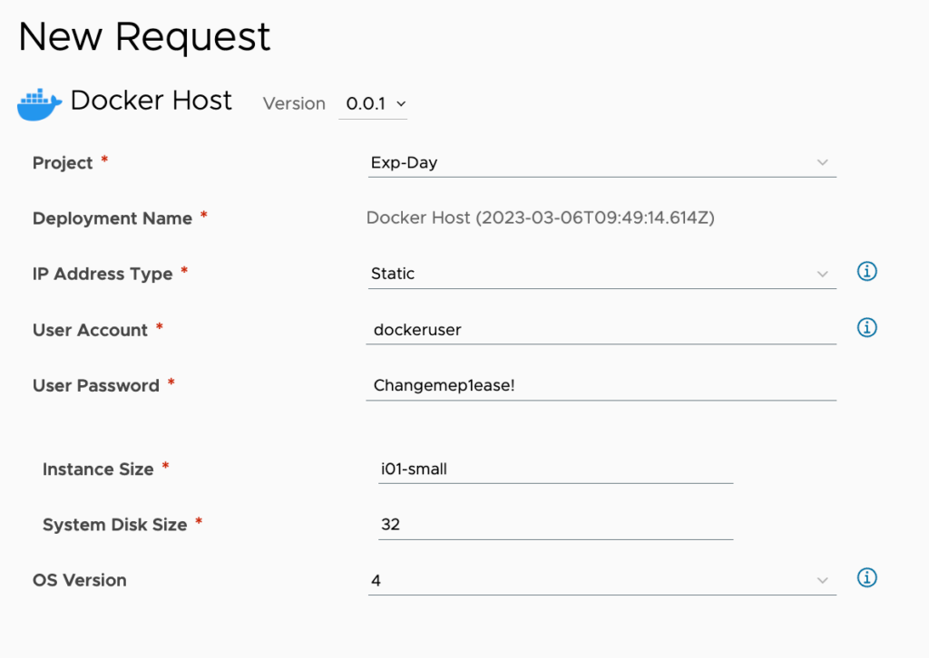 Example catalog item request for for a Docker host