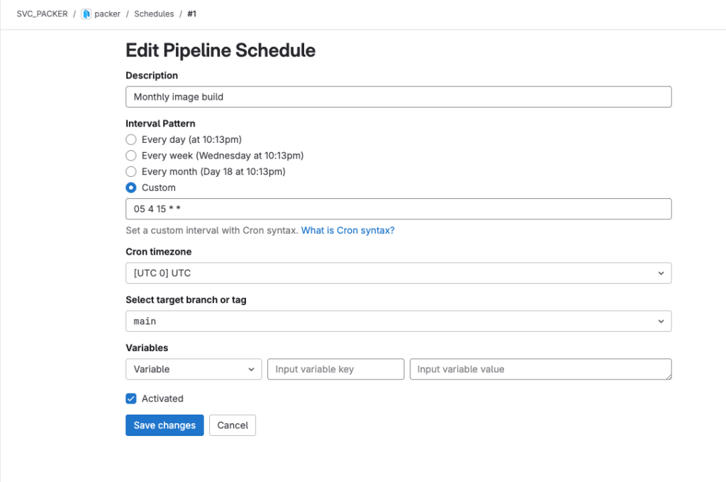 Screenshot of pipeline schedule configuration in GitLab.
