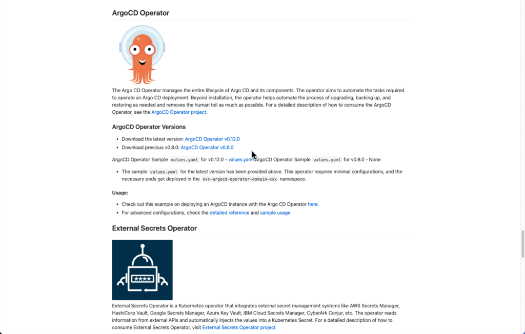 Screenshot showing the Argo CD Operator download links.