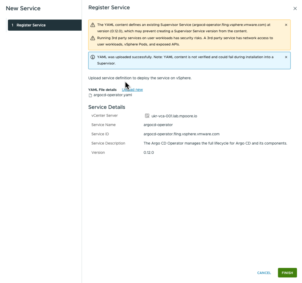 Screenshot showing the registration of Argo CD Operator as a Supervisor service.
