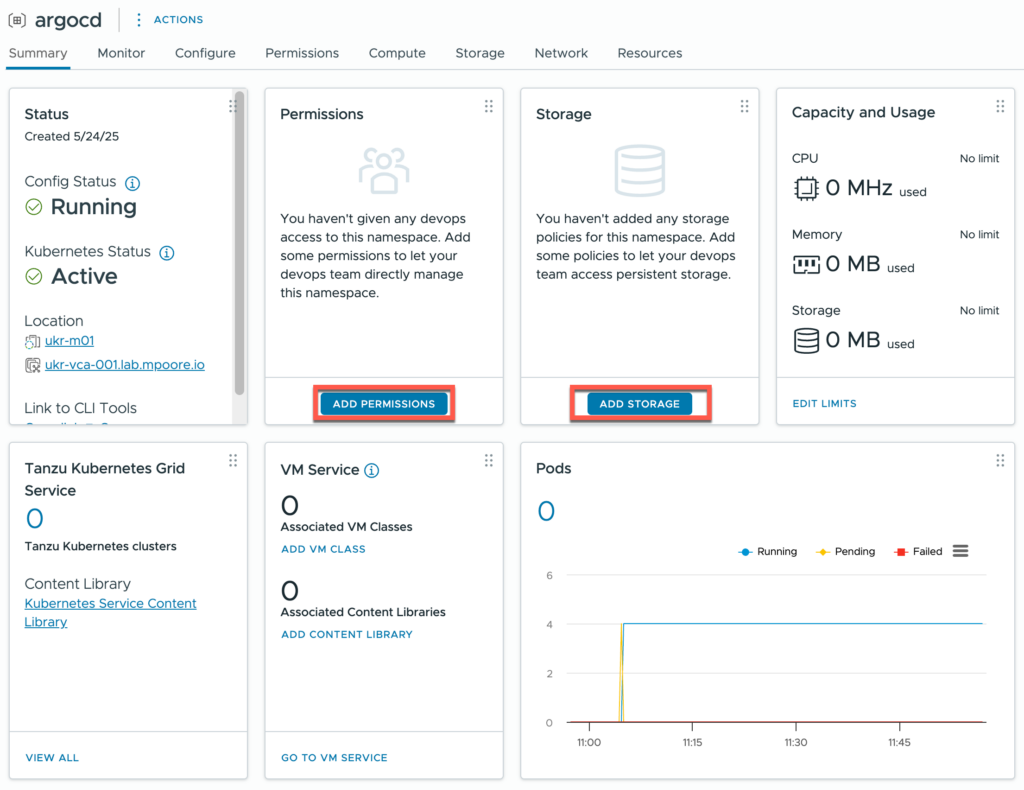 Screenshot showing the created namespace in the vCenter UI. Options to assign permissions and storage policies are highlighted.