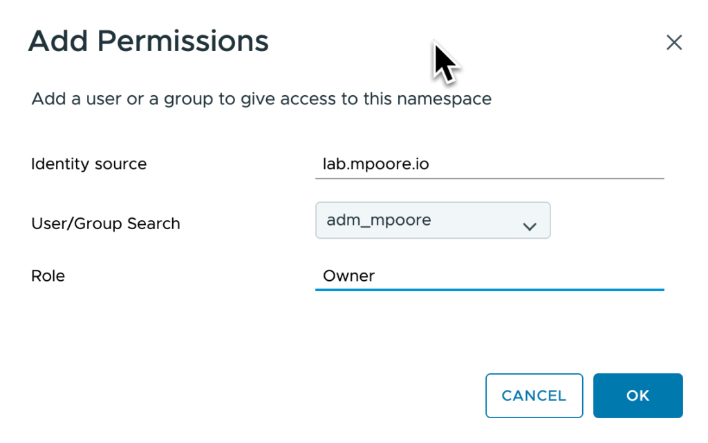 Screenshot showing a user being assigned to the namespace.