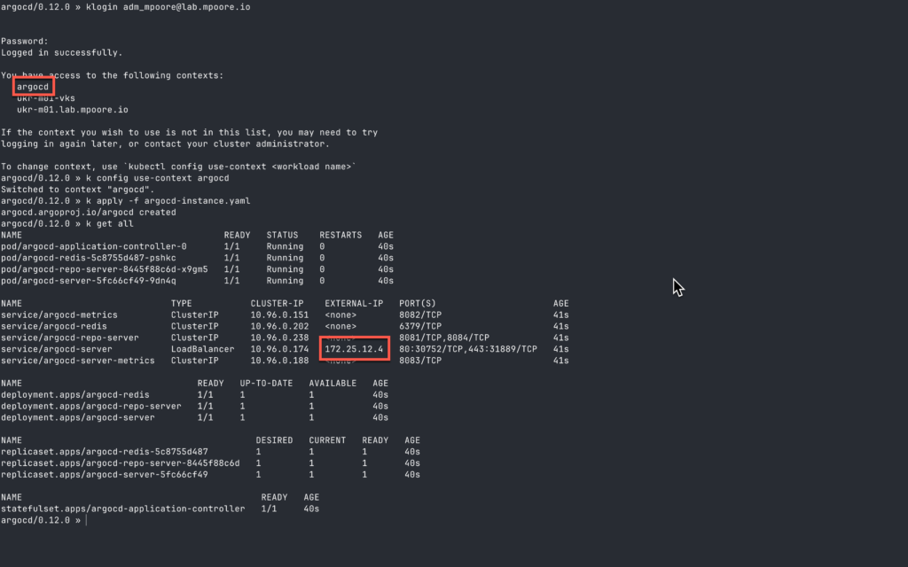 Screenshot showing terminal commands and results for deploying Argo CD.