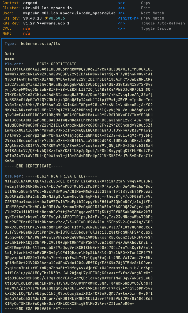 Screenshot showing the decoded argocd-tls secret in k9s.