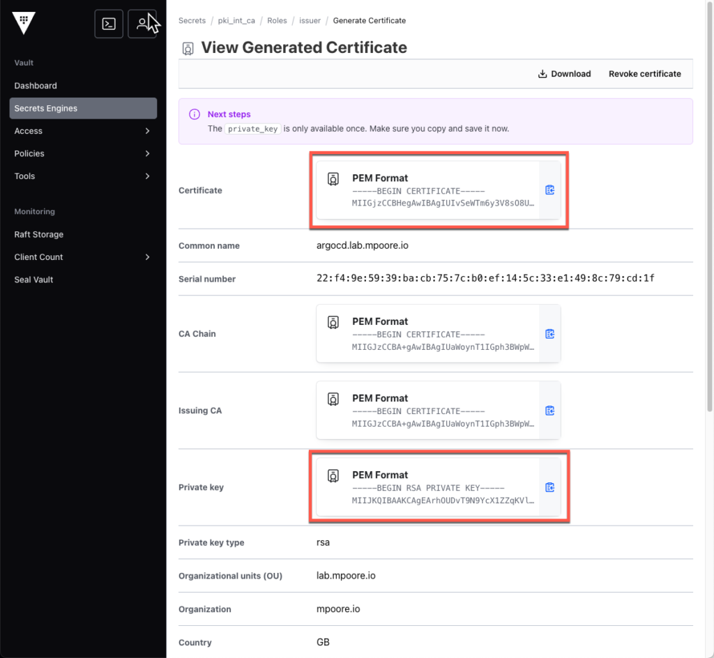 Screenshot showing the new certificate generated in the Vault UI.