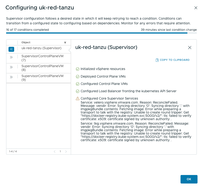 Screenshot of the vSphere IaaS Supervisor cluster configuration update in progress.