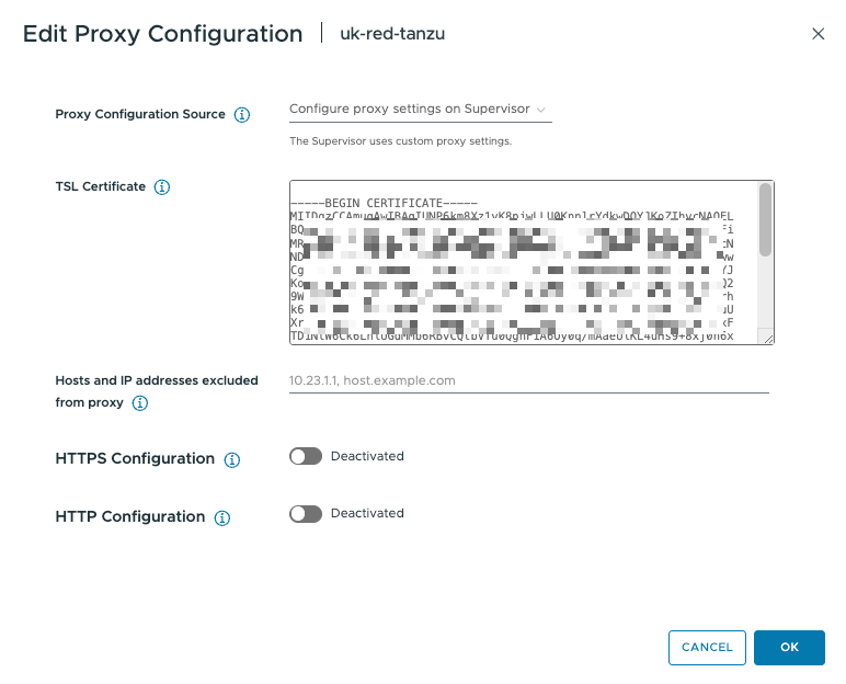 Screenshot of the proxy configuration for the vSphere Supervisor in vCenter.