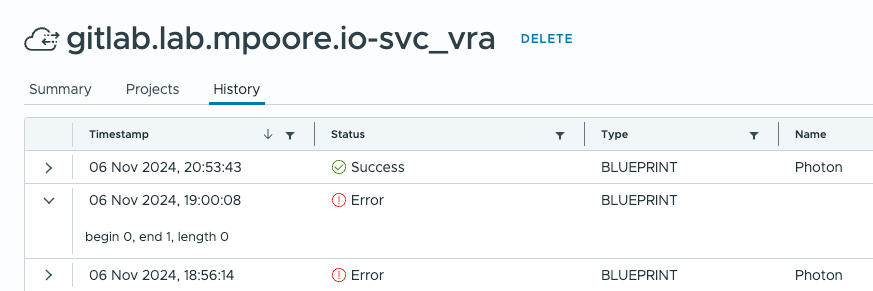 Screenshot of a VCF Automation template import error.