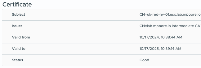 Screenshot of the new certificate having been applied to the ESXi host.